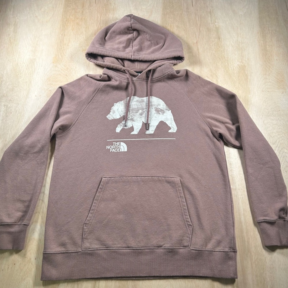 The North Face Womens Mauve Bear Graphic Hoodie Sweatshirt Large Raglan Sleeve
